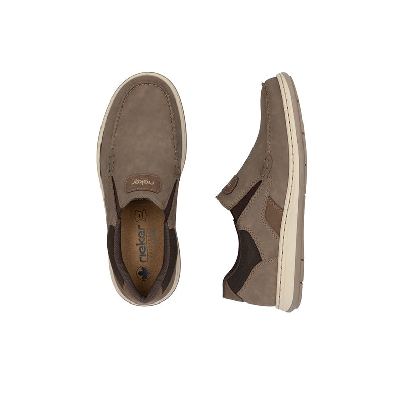Men's taupe slip-on sneakers showing insole and side profile, white sole