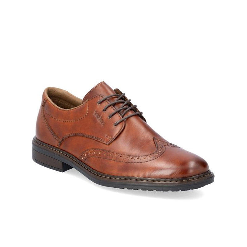 Men's dark brown leather brogue dress shoes with lace-up front and wingtip stitching