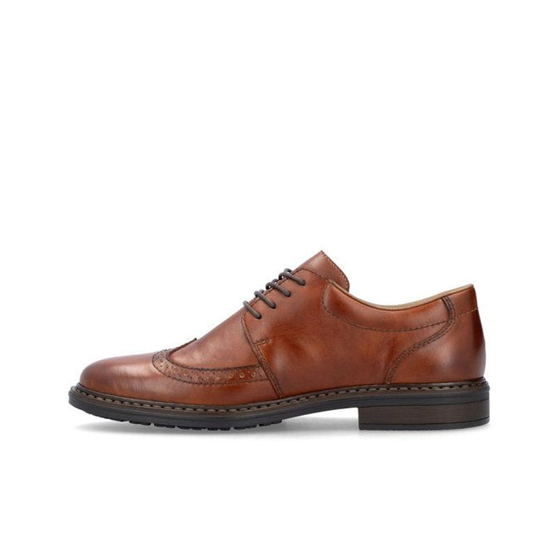 Men's dark brown leather lace-up dress shoes with brogue-style paneling and low heel