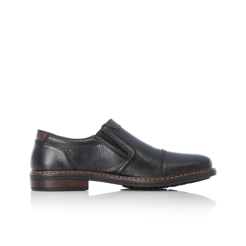 Black leather slip-on business shoe, side profile with contrast stitching