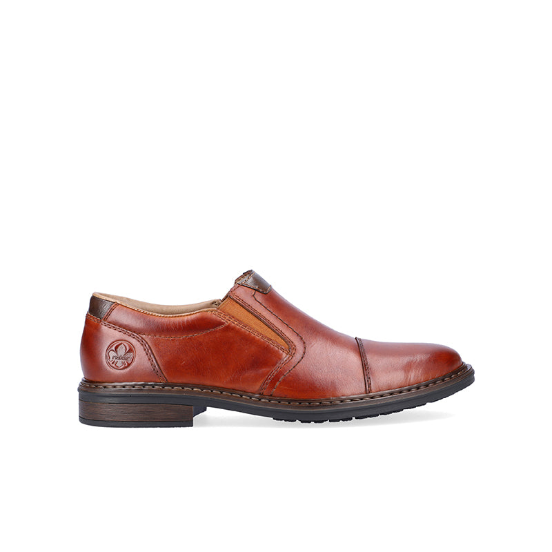Chestnut leather slip-on business shoe, side view with stitched detailing