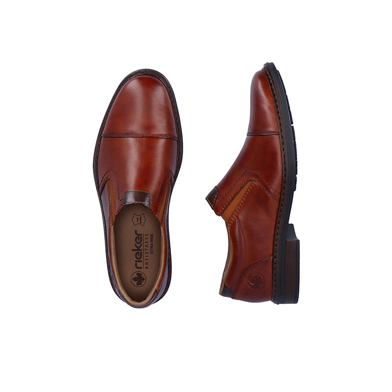 Chestnut leather slip-on shoe, top and sole views showing logo badge
