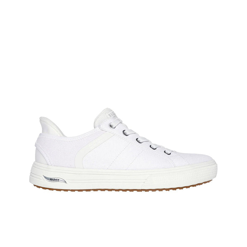 White canvas women's sneaker, side profile with padded collar and textured rubber sole