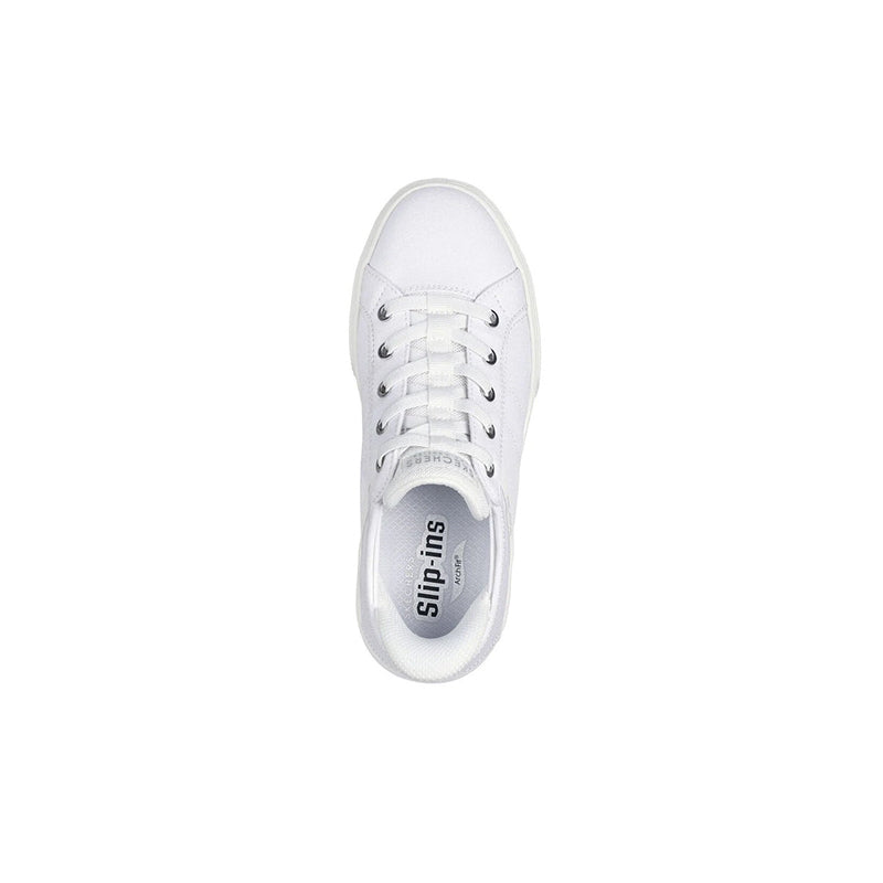 White canvas women's sneaker, top view of lace-up front and cushioned tongue