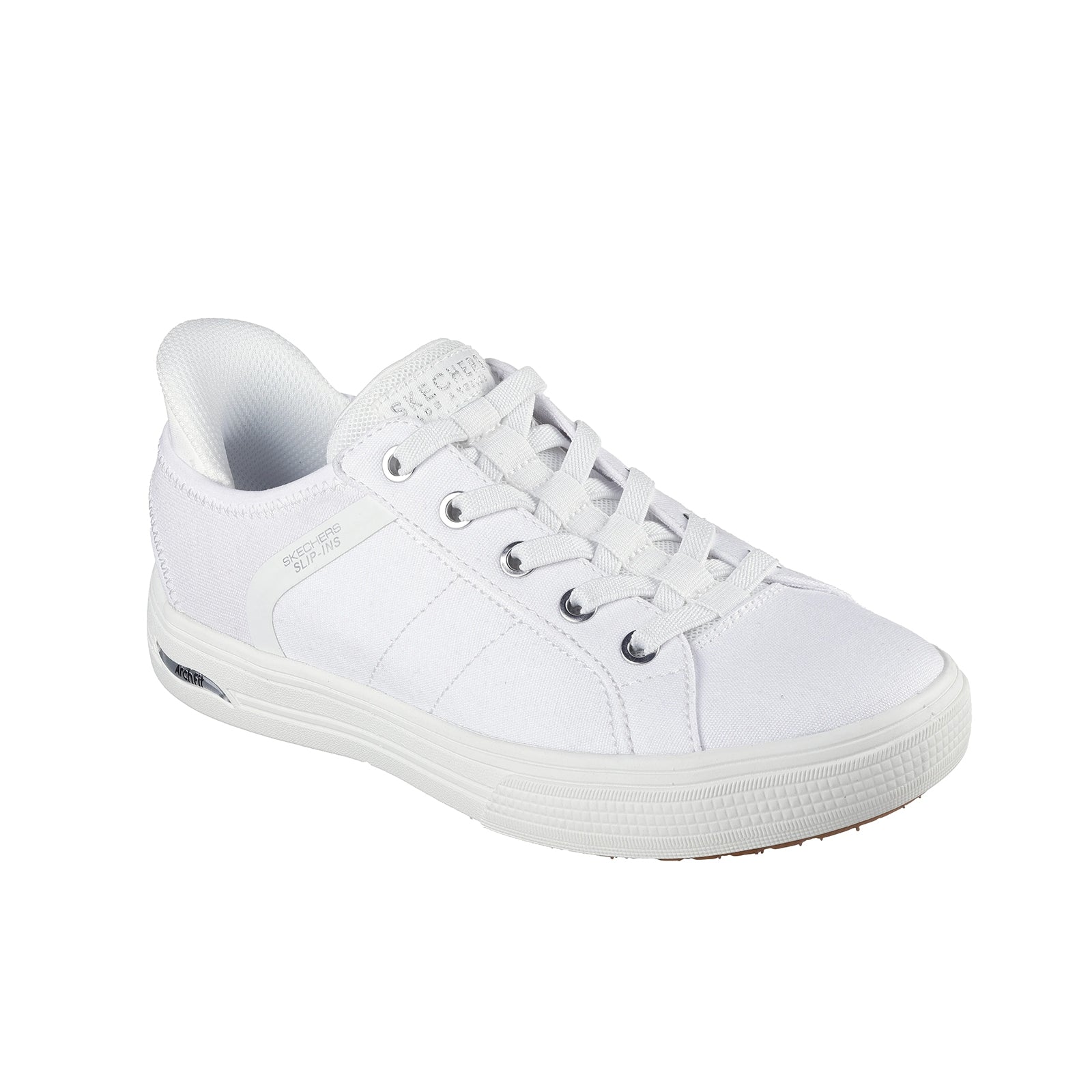 White canvas women's sneaker with lace-up front and low-profile rubber sole
