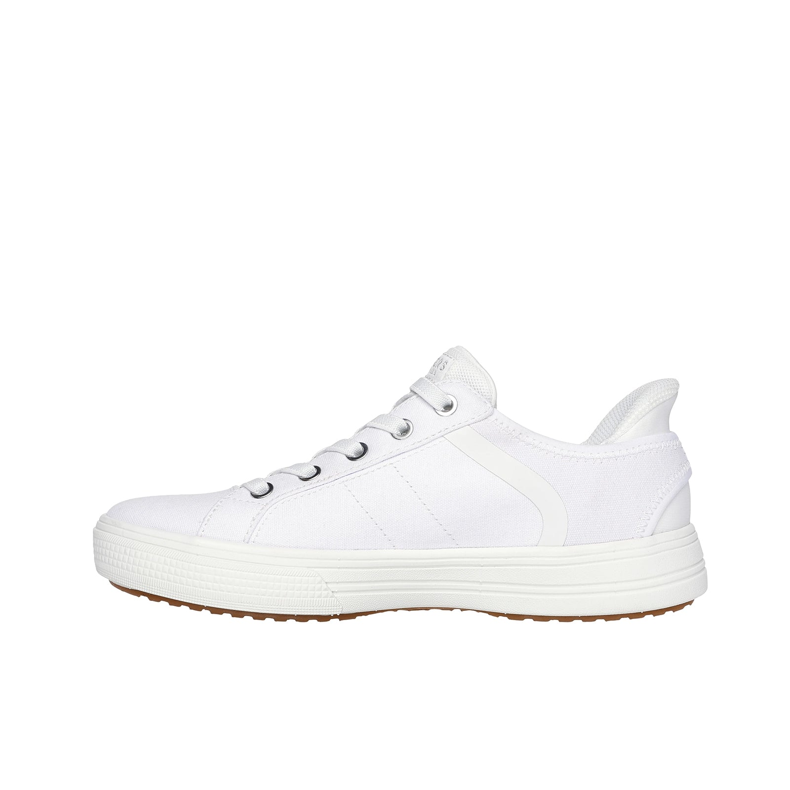 White canvas women's sneaker, side view with lace-up closure and cushioned outsole