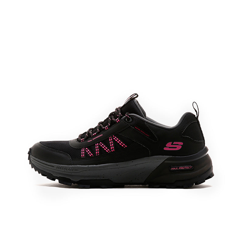 Skechers women's sneakers, black with magenta laces, side S logo, thick outsole