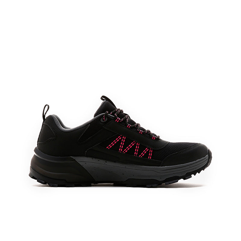 Skechers women's sneakers, black upper with magenta lace accents and thick rubber sole