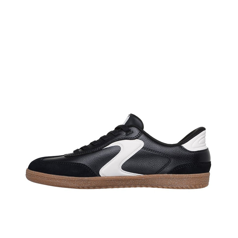 Black Skechers casual sneaker with white side panel, black laces, and tan gum sole