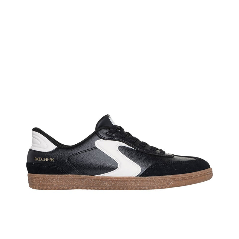 Black Skechers casual sneaker with white logo accents and black laces, tan gum sole