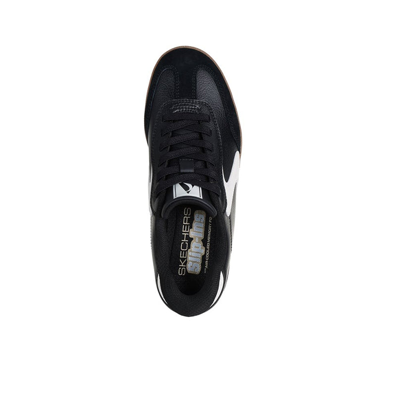 Black Skechers sneaker heel and toe with black laces, white side accent, gum sole
