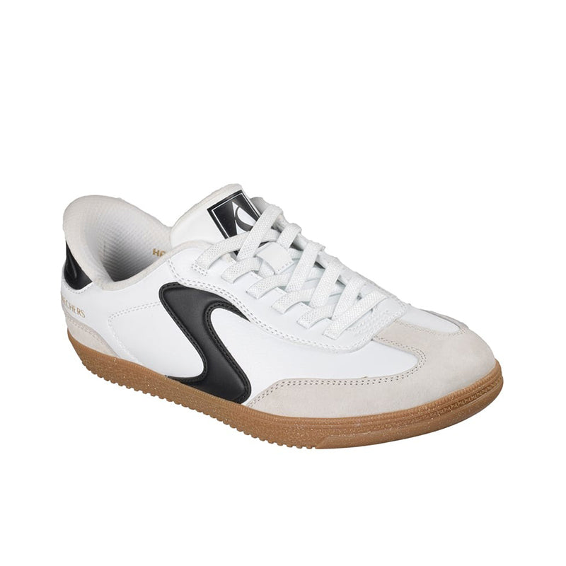 White Skechers casual slip-on sneaker with black side panel, white laces, tan gum sole