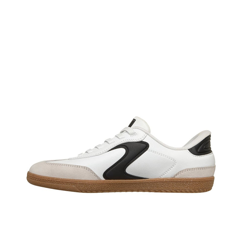 White Skechers casual sneaker with black accent panel, white laces, and tan gum sole