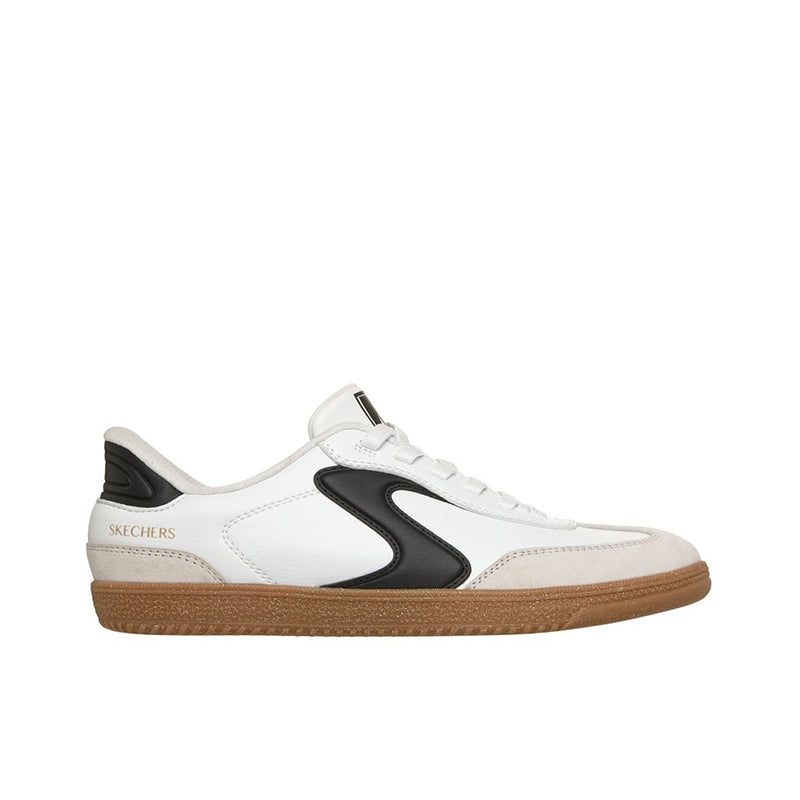 White Skechers casual sneaker with black side panel, white laces, tan gum sole