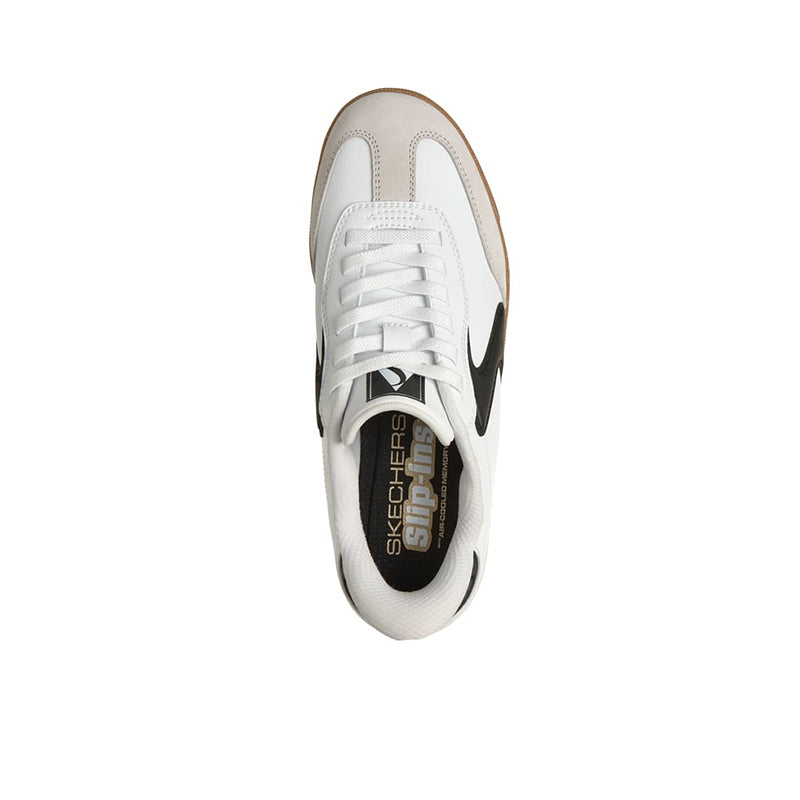White Skechers sneaker front view with black logo accent and tan gum sole