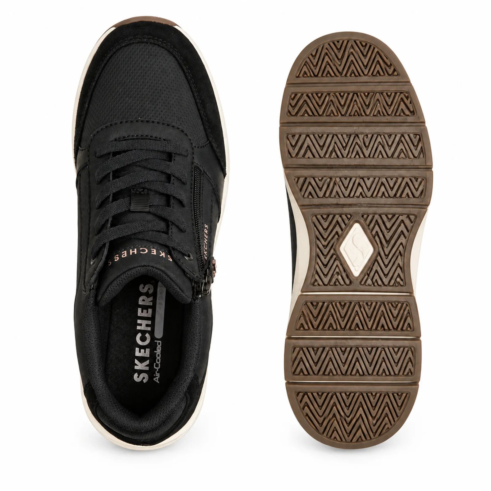 Side angle view of Skechers Billion Flex Luxe Up women's Black trainers