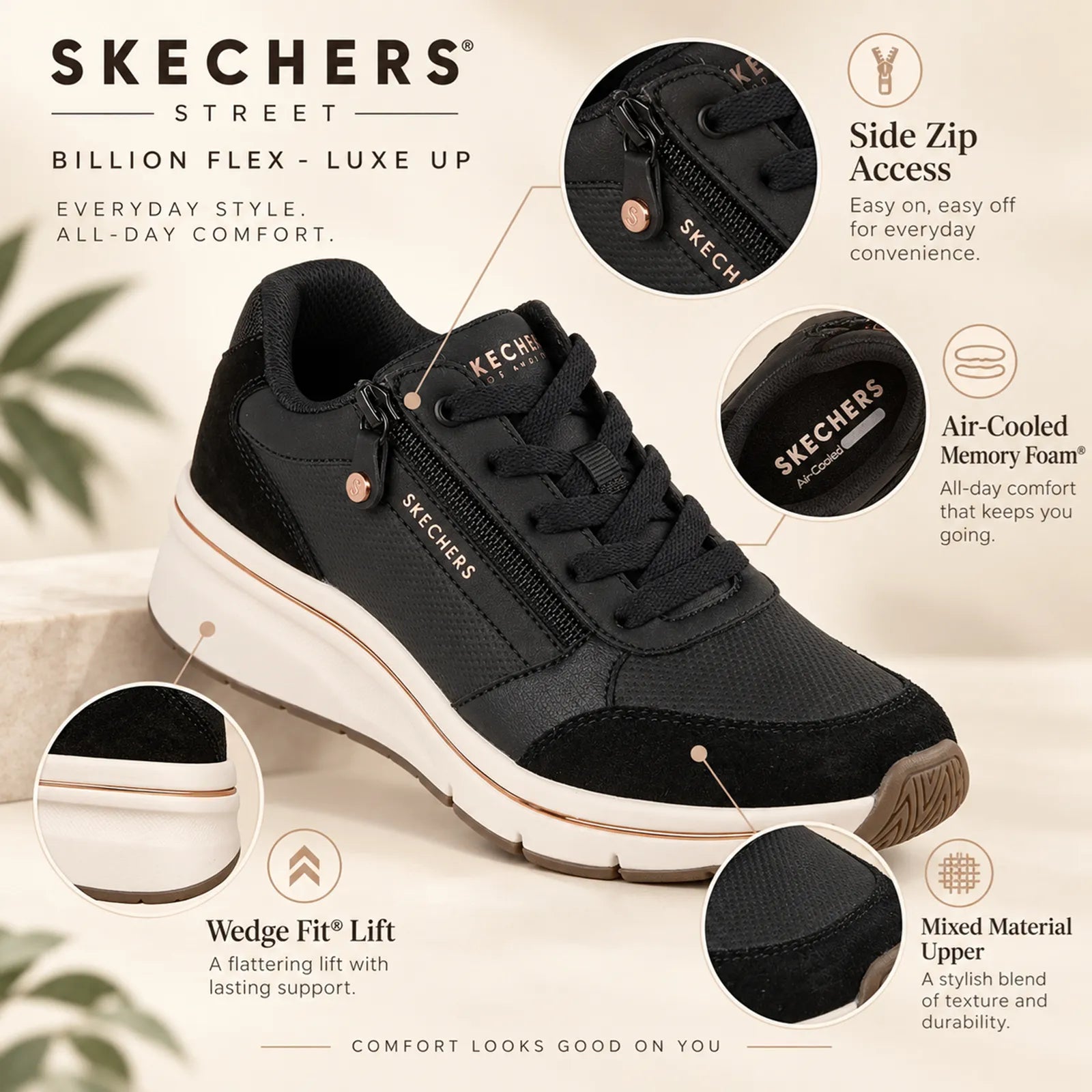 Close-up detail of Skechers Billion Flex Luxe Up Black trainers with lace-up front and side zip