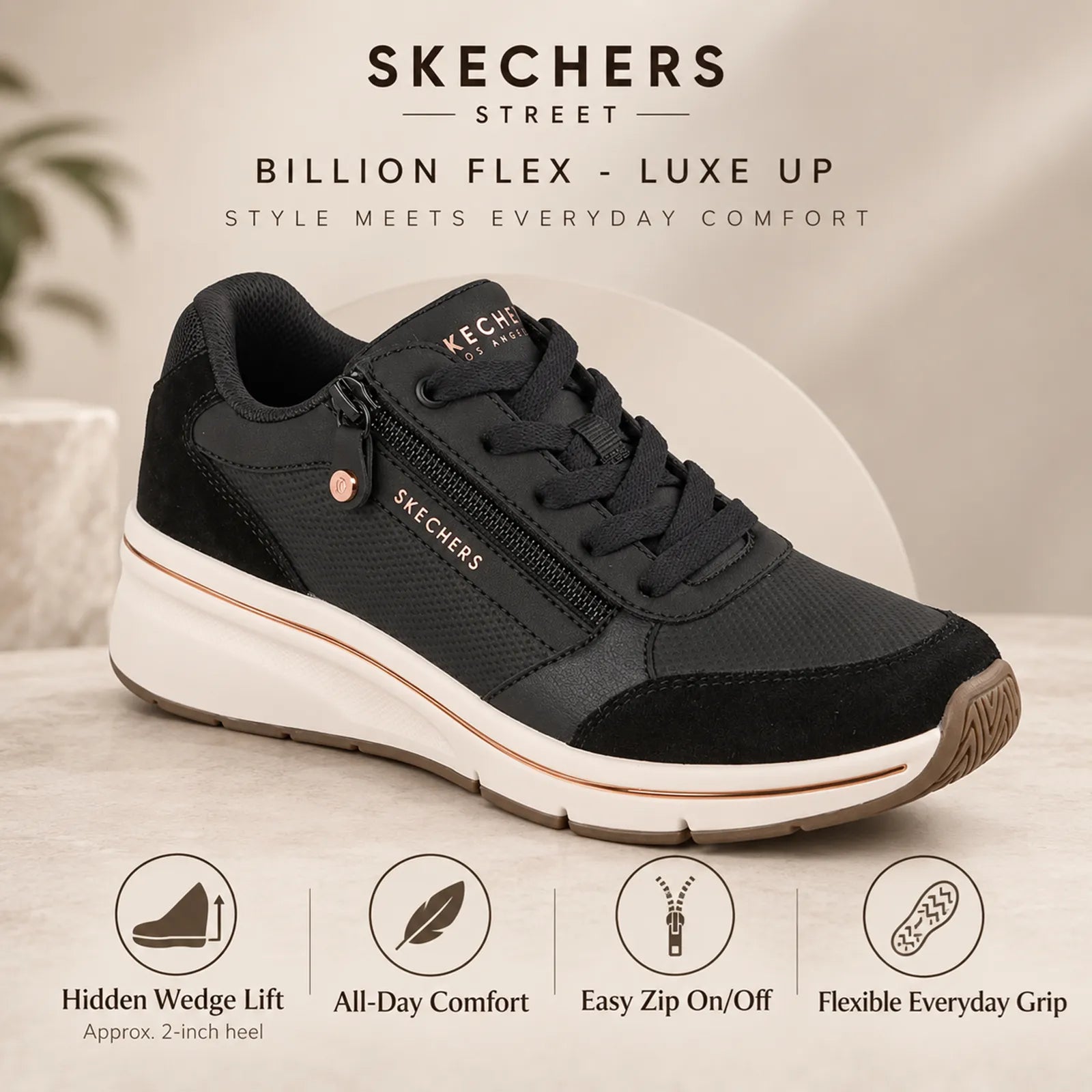 Skechers women's Black trainers with Air-Cooled Memory Foam and hidden wedge comfort