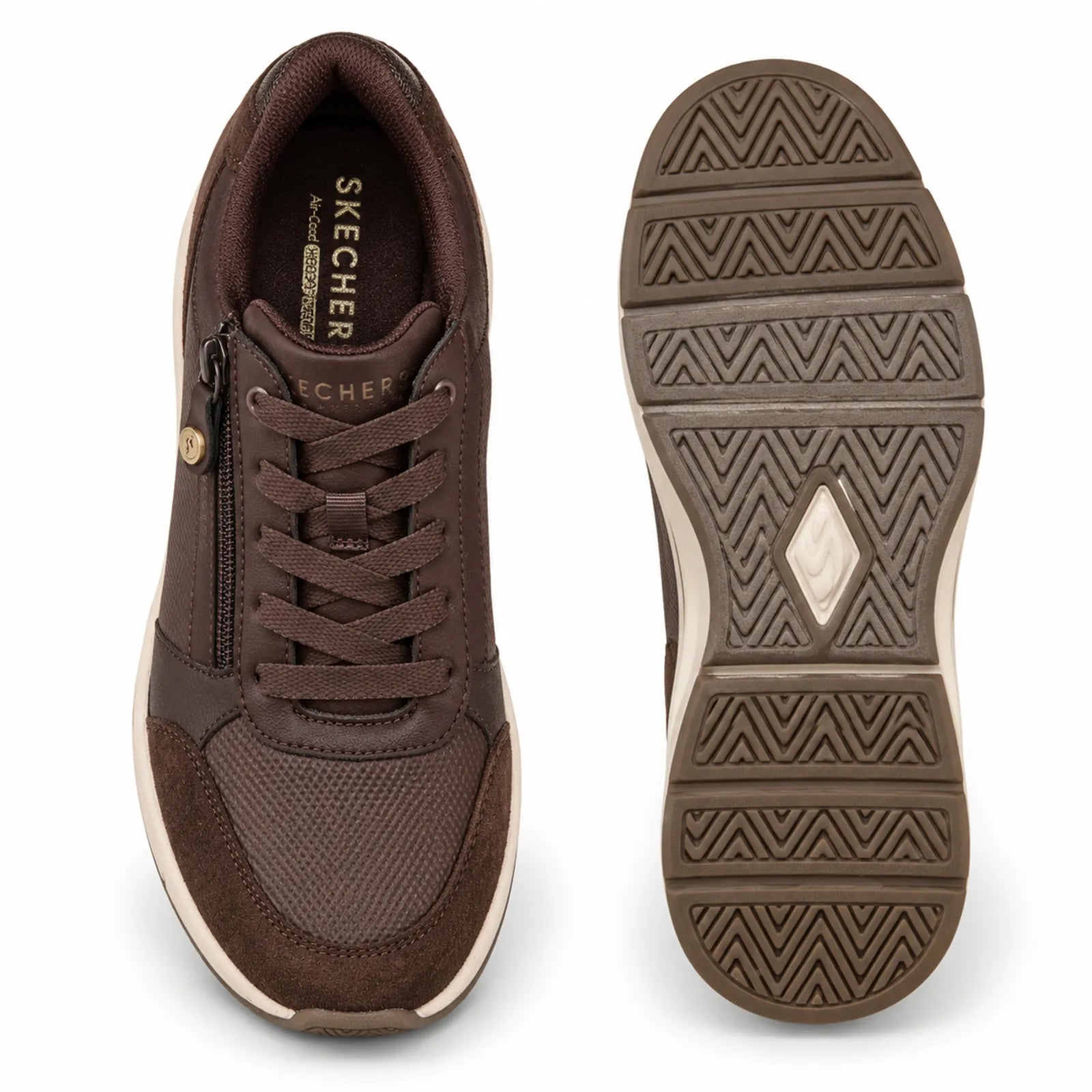 Side angle view of Skechers Billion Flex Luxe Up women's Brown trainers