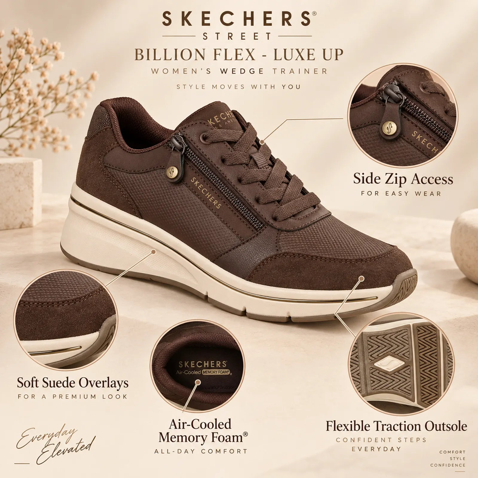 Close-up detail of Skechers Billion Flex Luxe Up Brown trainers with suede overlays and side zip