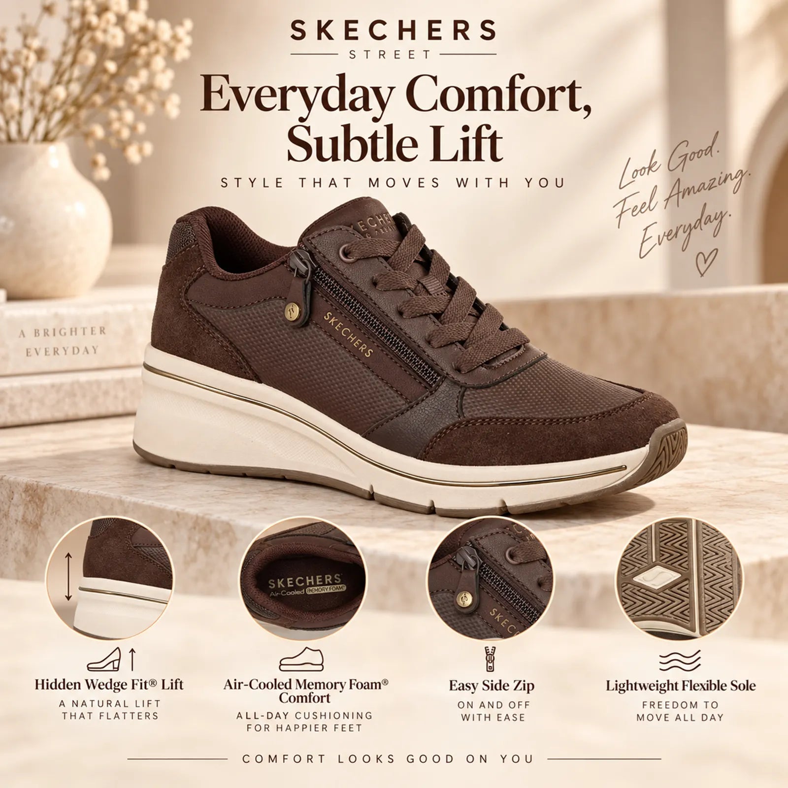 Skechers women's Brown trainers with Air-Cooled Memory Foam and hidden wedge comfort