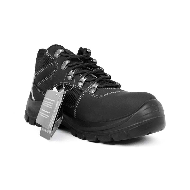 Men's black lace-up boots with metal eyelets and treaded rubber sole