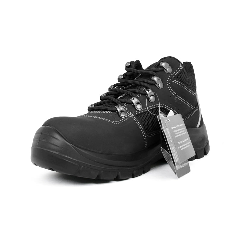 Black lace-up boots with padded collar, contrast stitching, and lug rubber sole