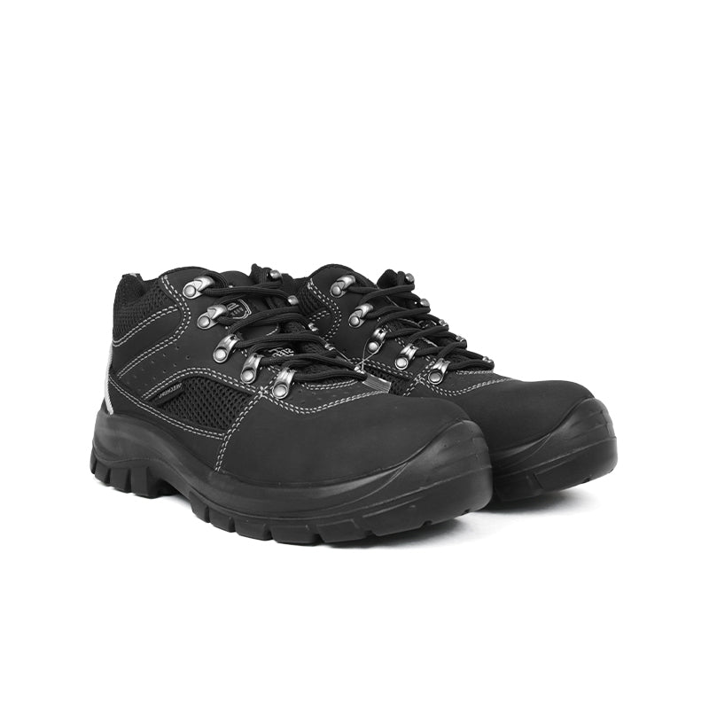 Black lace-up work boots with padded tongue, metal lace hardware, and chunky tread sole