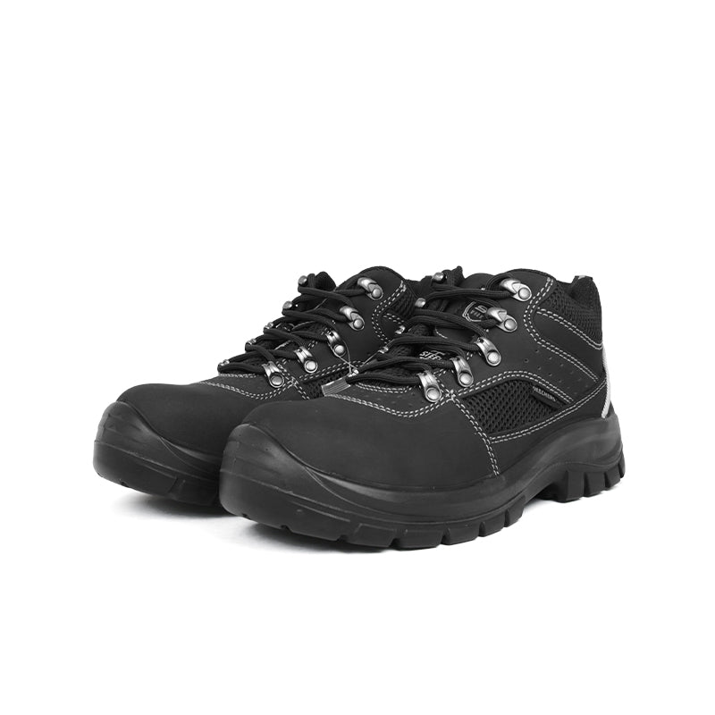 Black lace-up boots, pair view, padded collar, contrast seam stitching, lug rubber sole