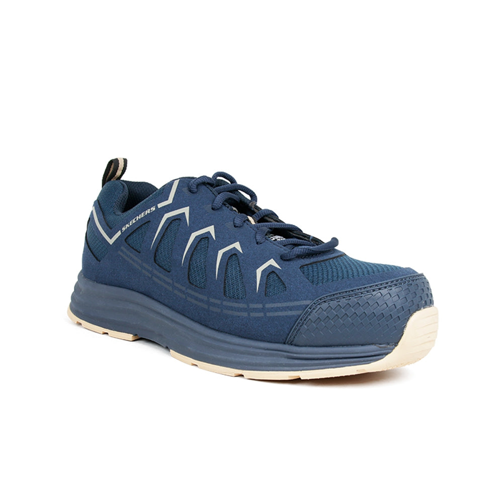 Men's navy lace-up textile sneaker with patterned upper and light rubber sole
