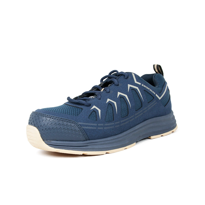 Men's navy lace-up sneaker, side view, patterned textile upper and rubber sole