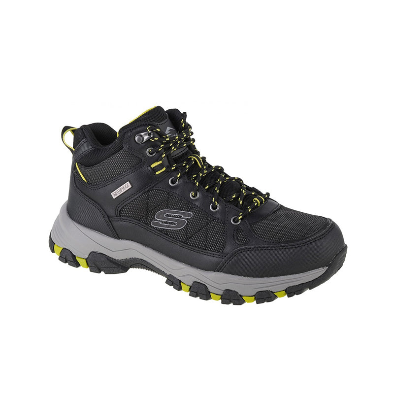 Men's leather lace-up outdoor boots, black with yellow lace accents and thick sole