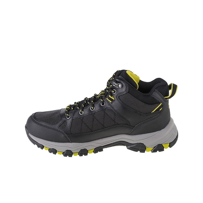 Men's leather lace-up outdoor boots, black with yellow trim accents and rugged sole