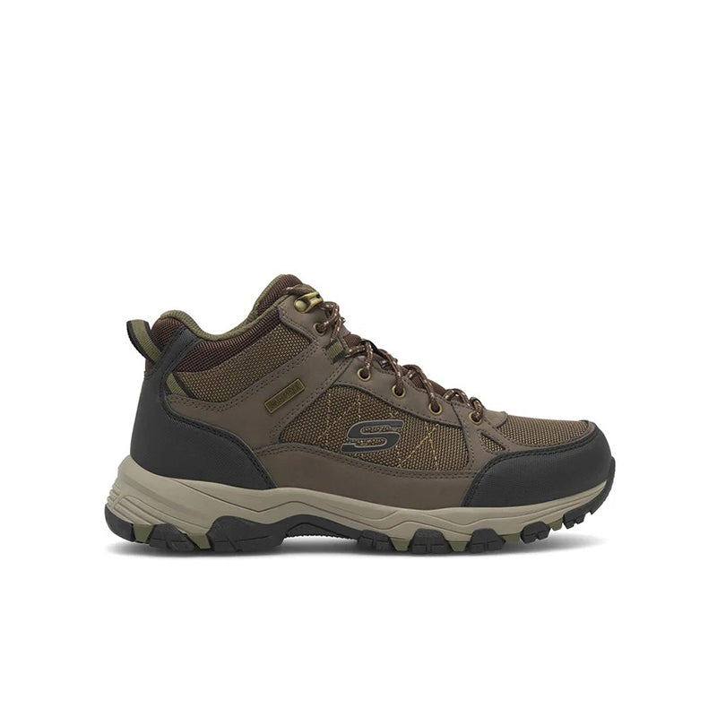 Men's leather lace-up outdoor boots, taupe with dark laces and rugged tread sole