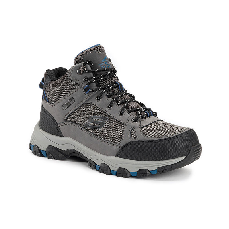 Men's leather lace-up outdoor boots, gray with blue lace accents and thick tread sole