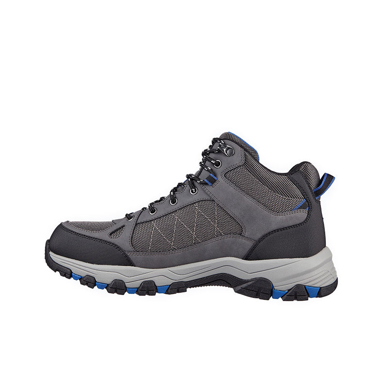 Men's leather lace-up outdoor boots, gray with blue trim on laces and rugged sole