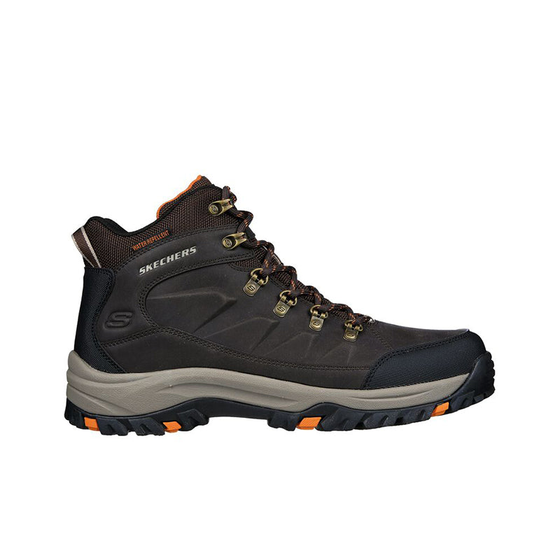 Men's casual lace-up boots side view, dark brown upper and gray sole with orange tread