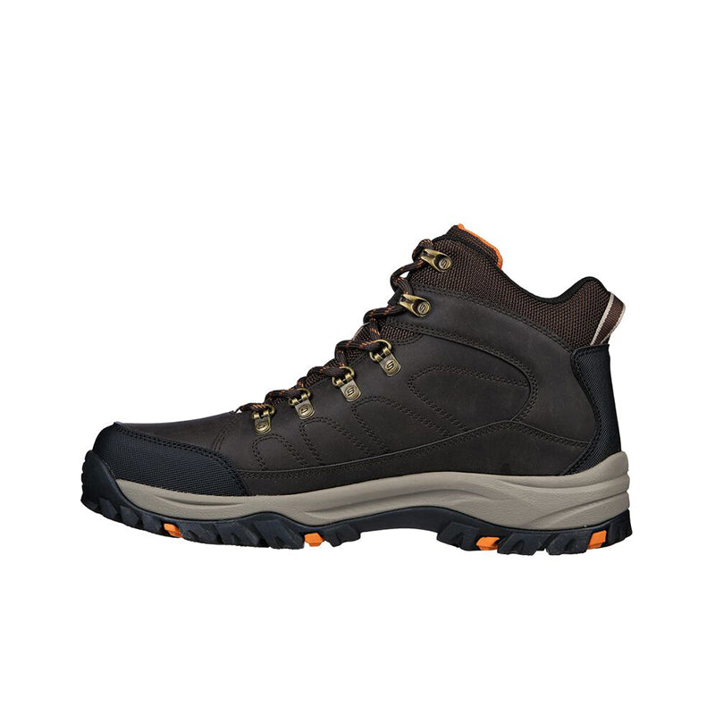 Men's casual lace-up boots front view, dark brown suede with padded collar and tread sole