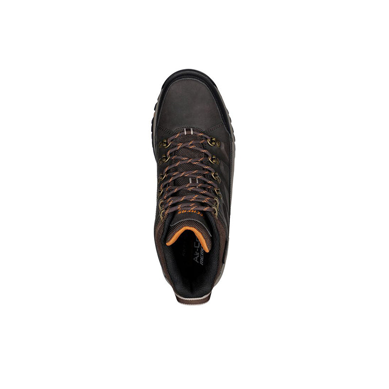 Men's lace-up boots heel and opening view, dark brown upper with orange lining
