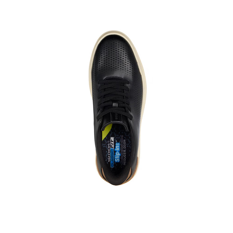 Men's Skechers slip-in sneakers top view, perforated black upper with black laces