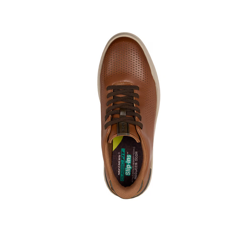 Men's Skechers slip-in sneakers top view, perforated brown upper with brown laces