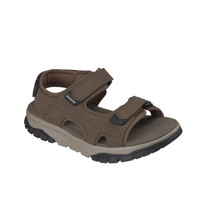 Men’s brown three-strap river sandal with padded lining and rugged rubber outsole