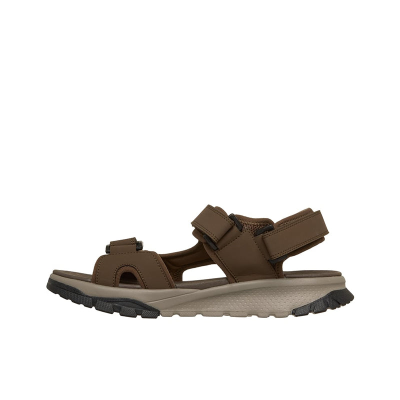 Men’s brown three-strap river sandals, side view with adjustable buckle straps