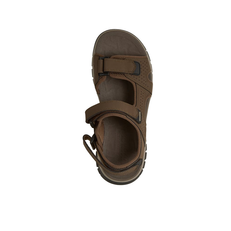 Men’s brown three-strap river sandal, top view with adjustable hook-and-loop straps