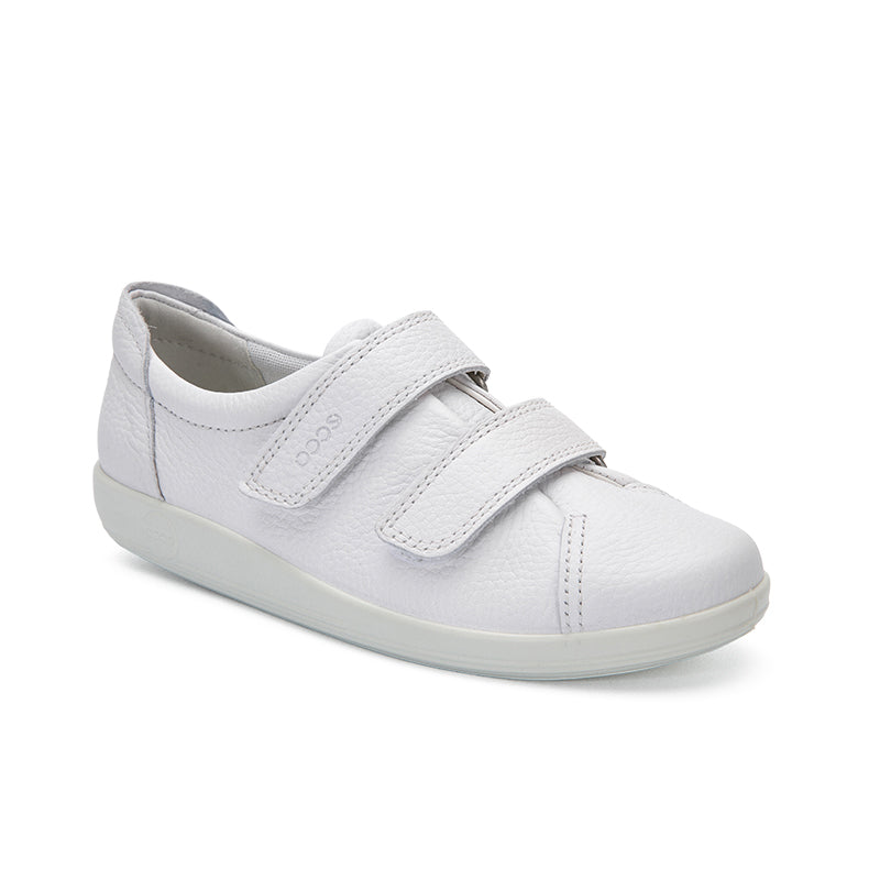 White leather sneakers with two hook-and-loop straps and low-profile sole