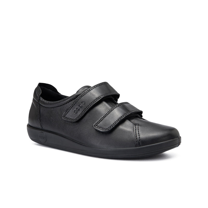 Black leather sneakers with two hook-and-loop straps and low-profile sole