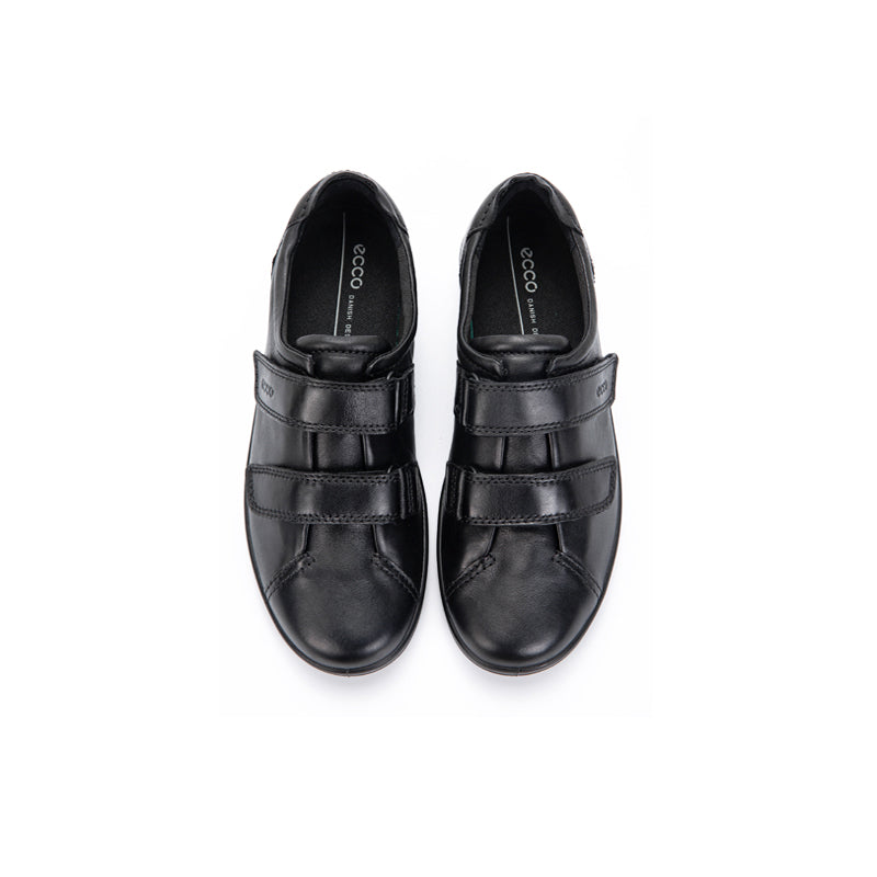 Pair of black leather sneakers with two hook-and-loop straps and rounded toe