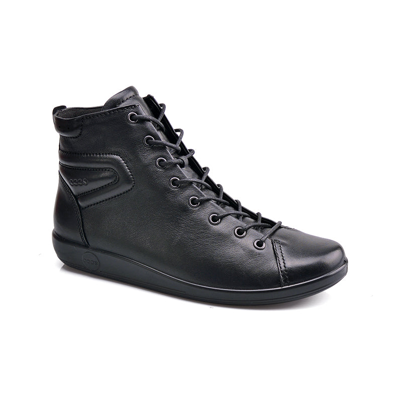 Black leather women's ankle boots with lace-up front and padded collar