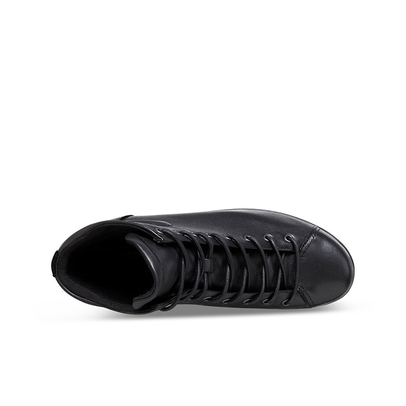 Black leather ankle boot with open collar and lace-up vamp
