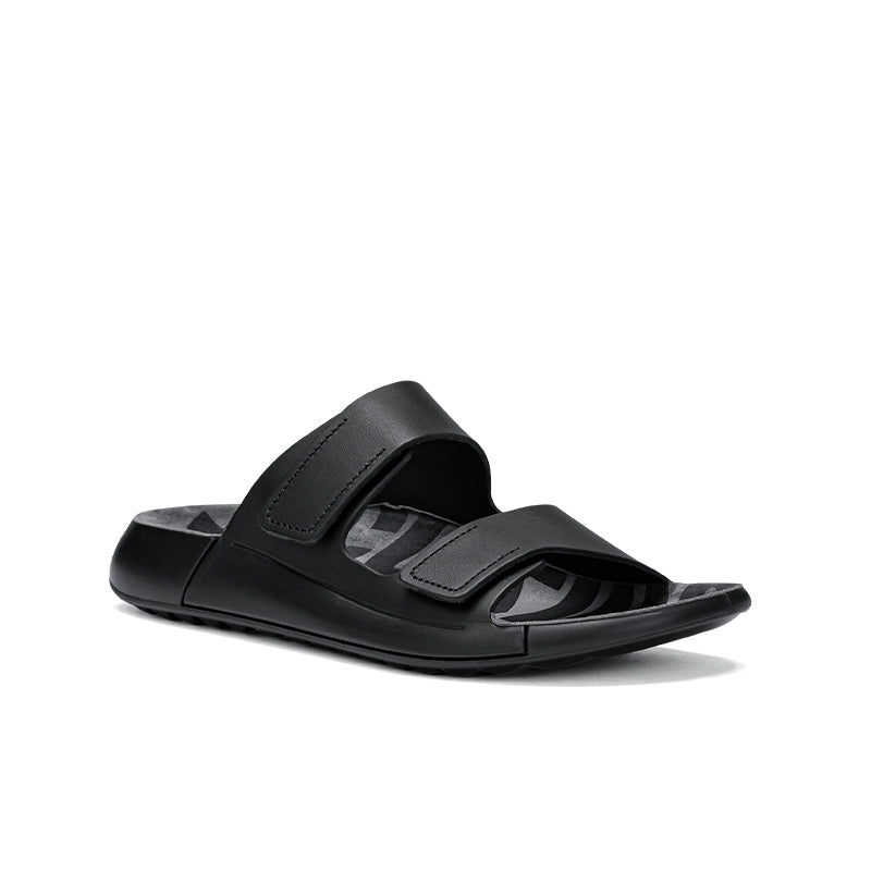 Black leather slide sandals with two adjustable hook-and-loop straps